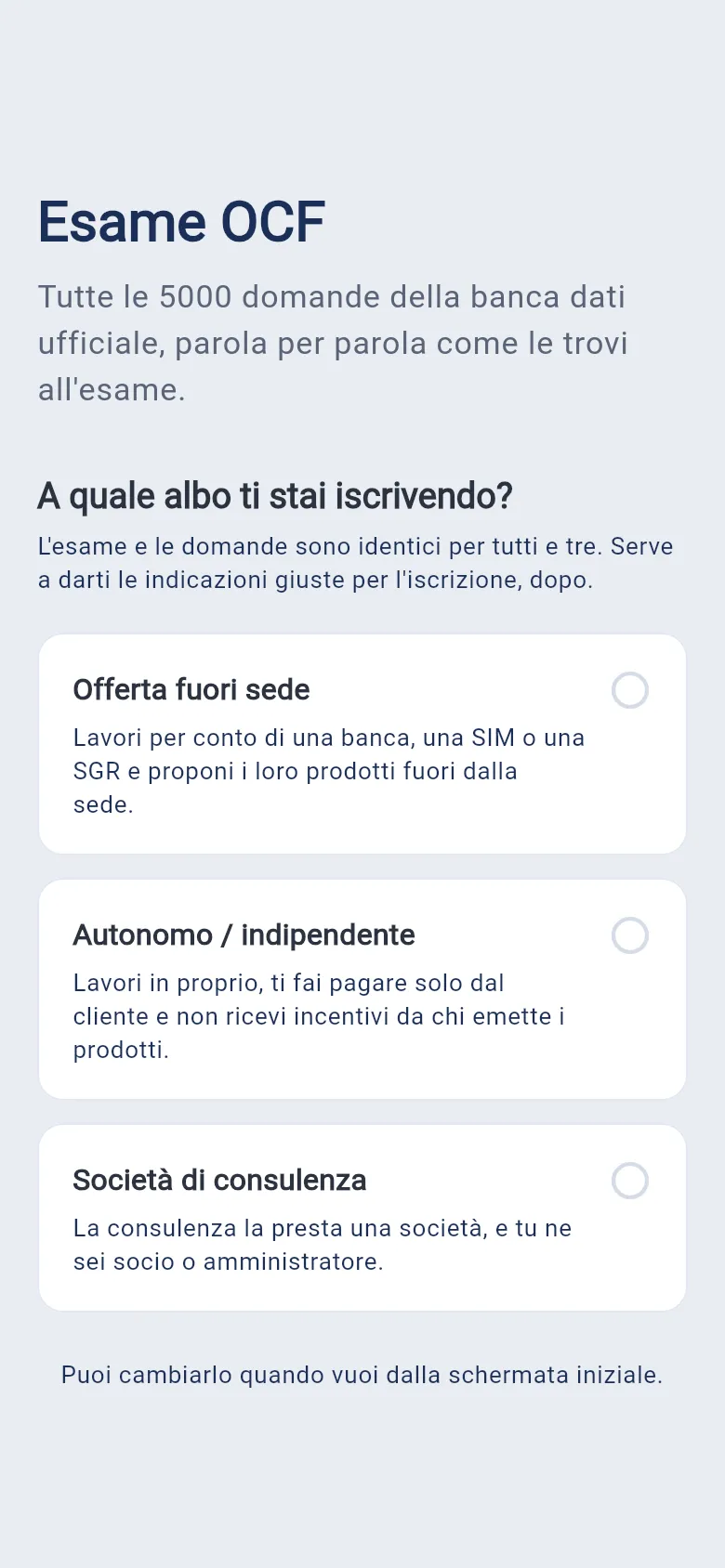 App Esame OCF: schermata 1