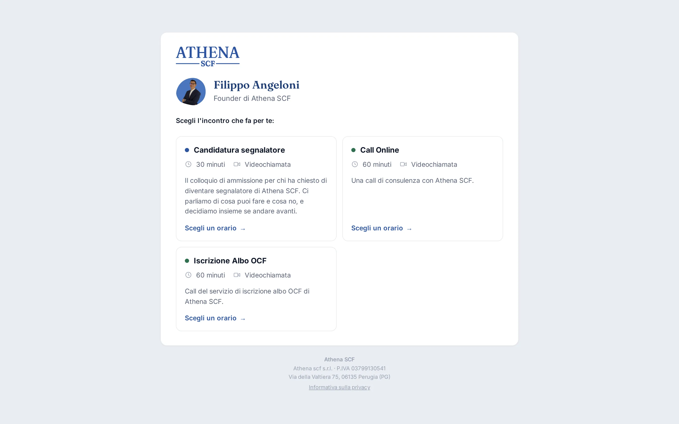 Pagina pubblica di prenotazione delle call, generata dal gestionale
